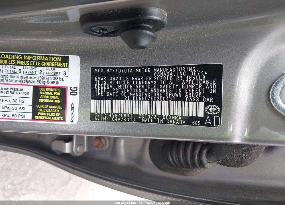2014 TOYOTA COROLLA LE VIN: 2T1BURHE7EC200131