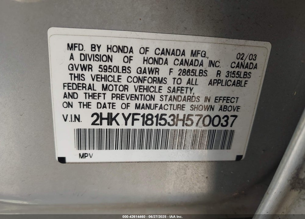2003 HONDA PILOT VIN: 2HKYF18153H570037