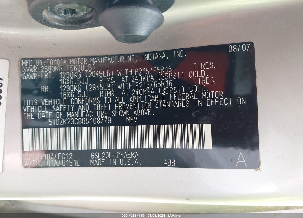 2008 TOYOTA SIENNA LE VIN: 5TDZK23C88S108779