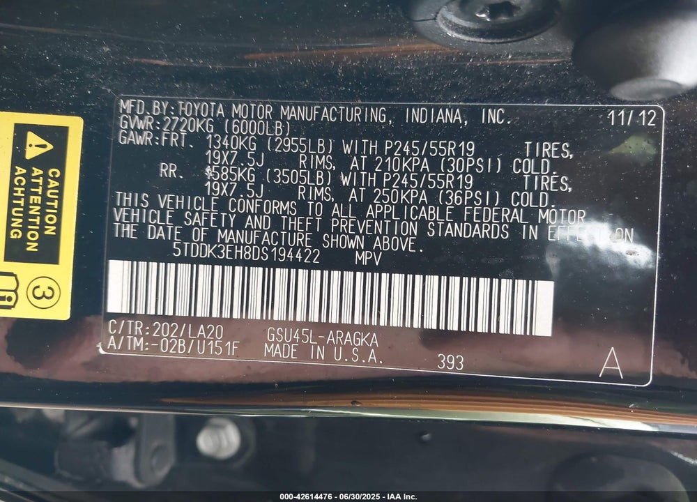 2013 TOYOTA HIGHLANDER VIN: 5TDDK3EH8DS194422