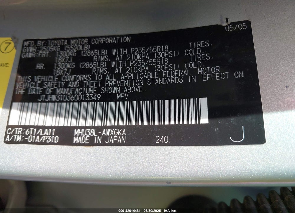 2006 LEXUS RX 400H VIN: JTJHW31U360013349