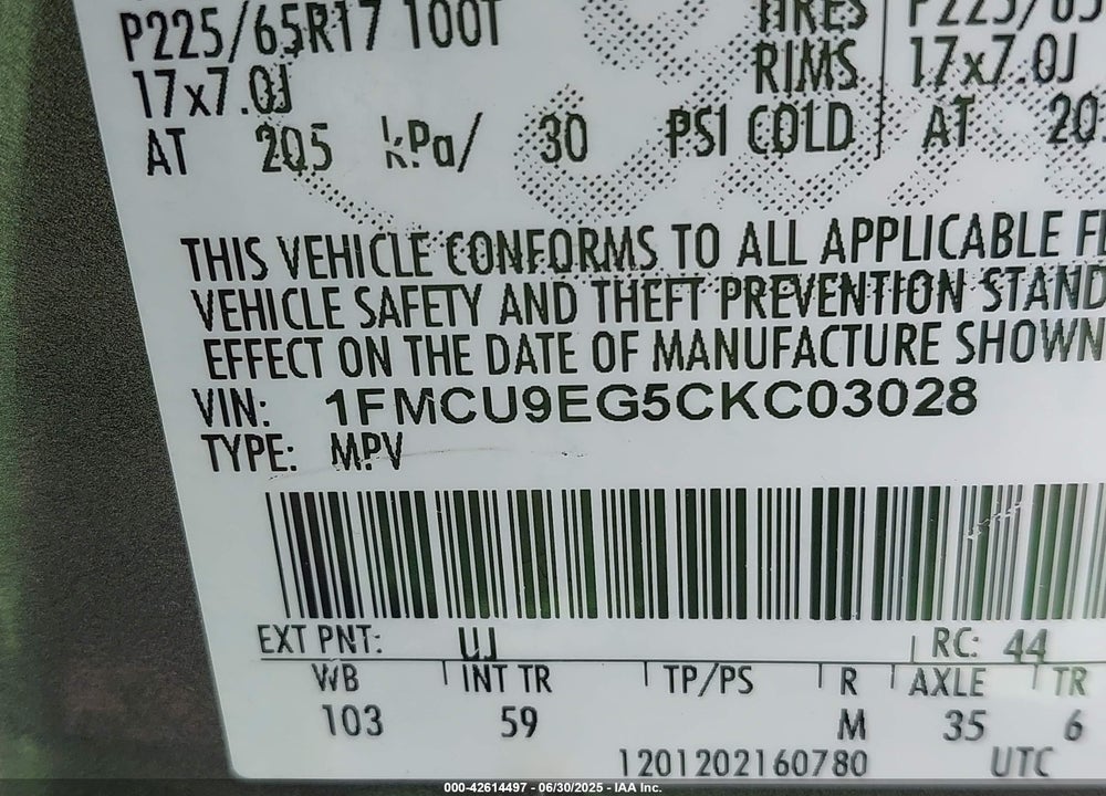 2012 FORD ESCAPE VIN: 1FMCU9EG5CKC03028
