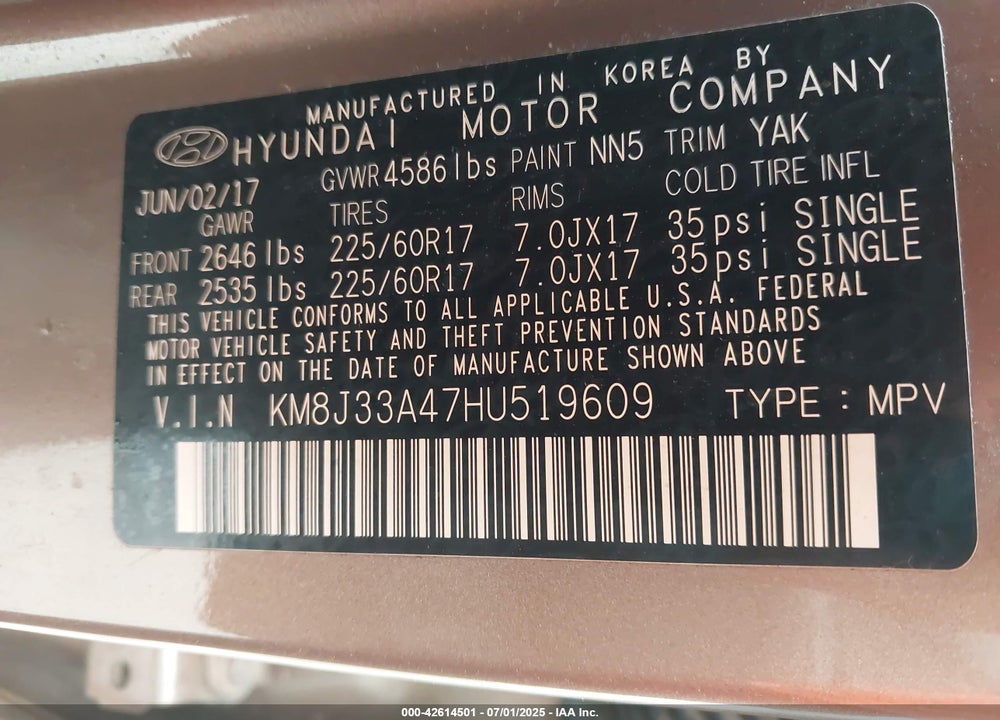 2017 HYUNDAI TUCSON VIN: KM8J33A47HU519609