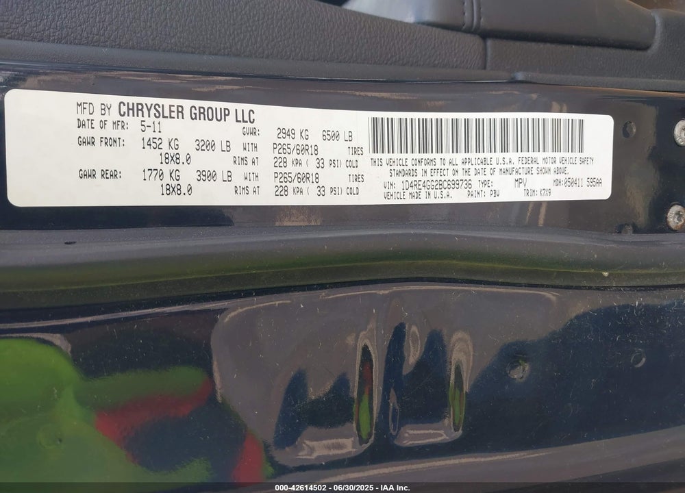 2011 DODGE DURANGO VIN: 1D4RE4GG2BC699736
