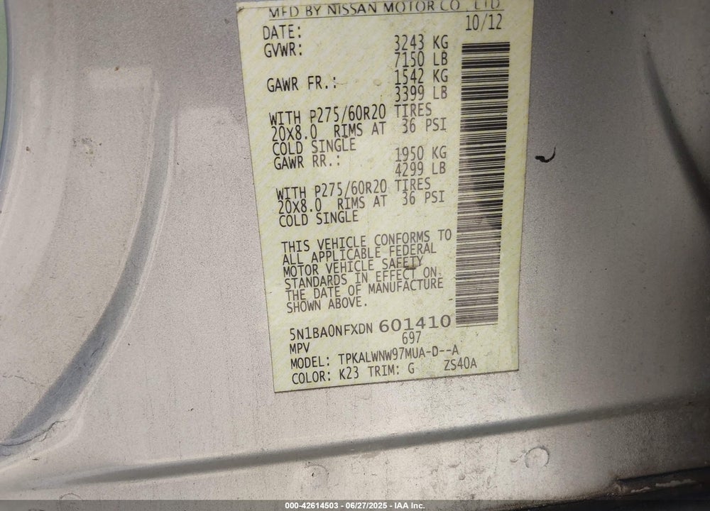 2013 NISSAN ARMADA VIN: 5N1BA0NFXDN601410