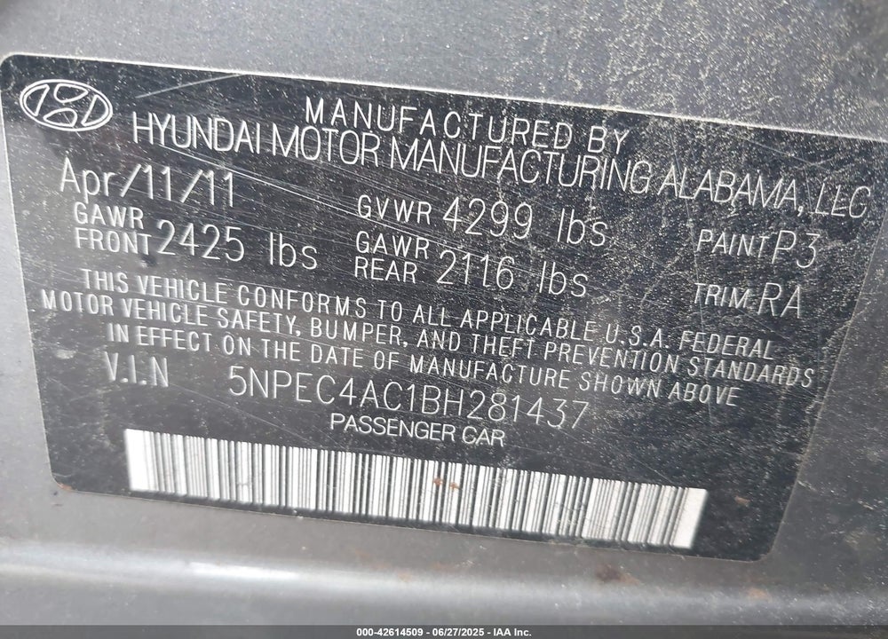2011 HYUNDAI SONATA VIN: 5NPEC4AC1BH281437