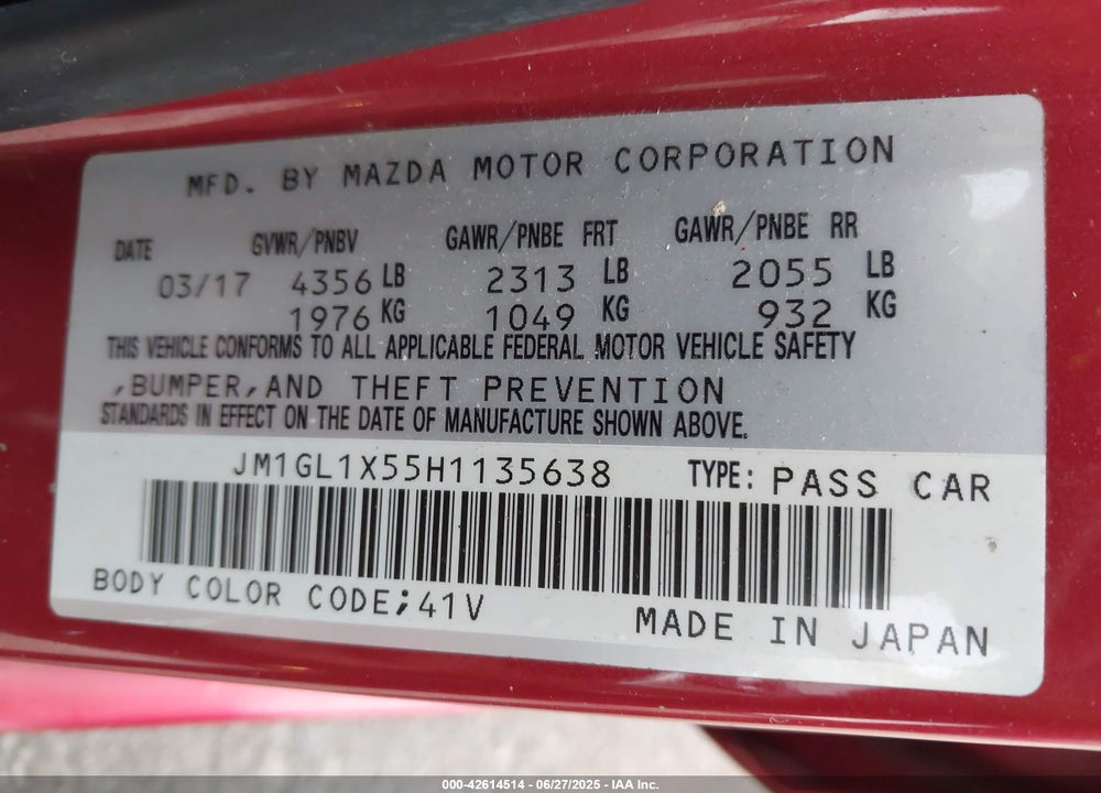 2017 MAZDA 6 VIN: JM1GL1X55H1135638