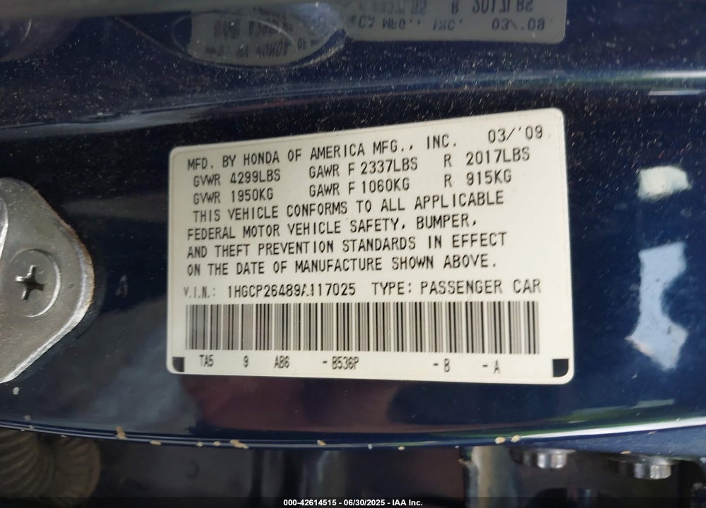 2009 HONDA ACCORD VIN: 1HGCP26489A117025