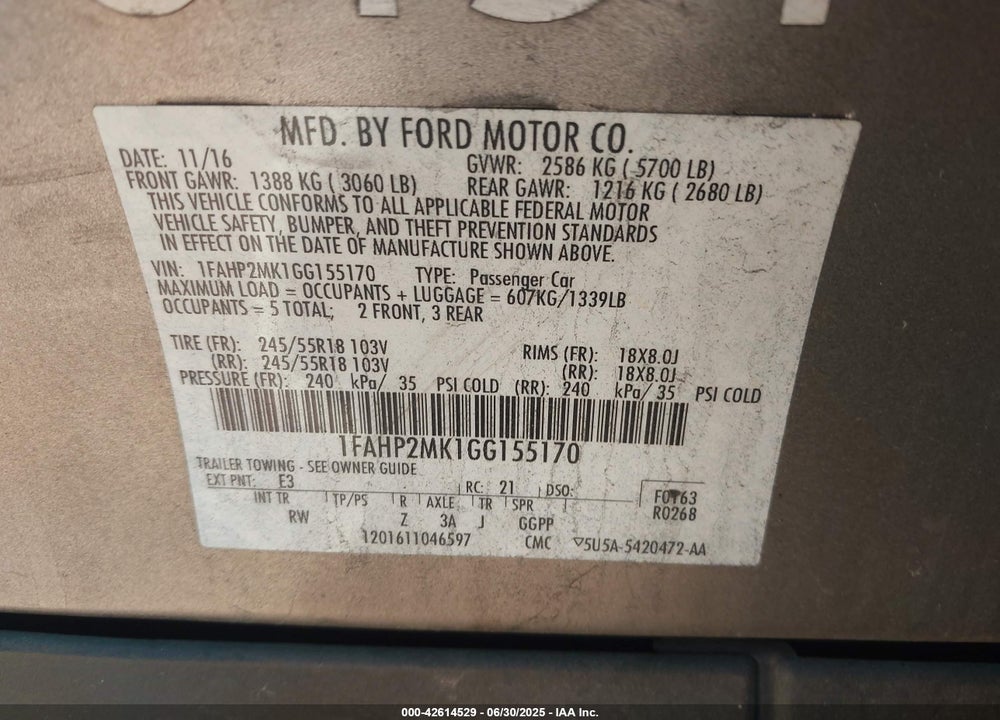 2016 FORD TAURUS VIN: 1FAHP2MK1GG155170