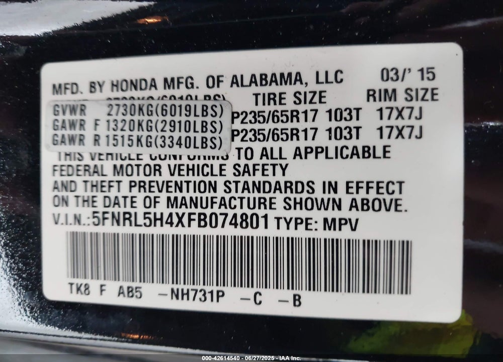 2015 HONDA ODYSSEY EX VIN: 5FNRL5H4XFB074801