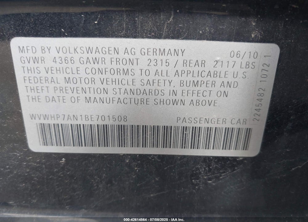 2011 VOLKSWAGEN CC VIN: WVWHP7AN1BE701508