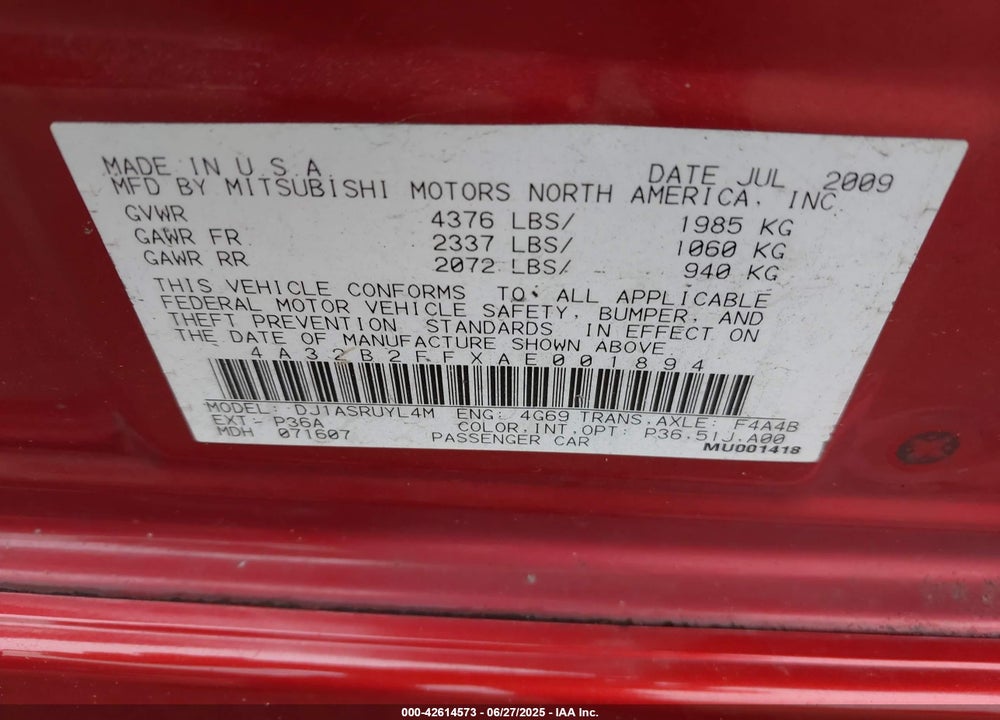 2010 MITSUBISHI GALANT VIN: 4A32B2FFXAE001894