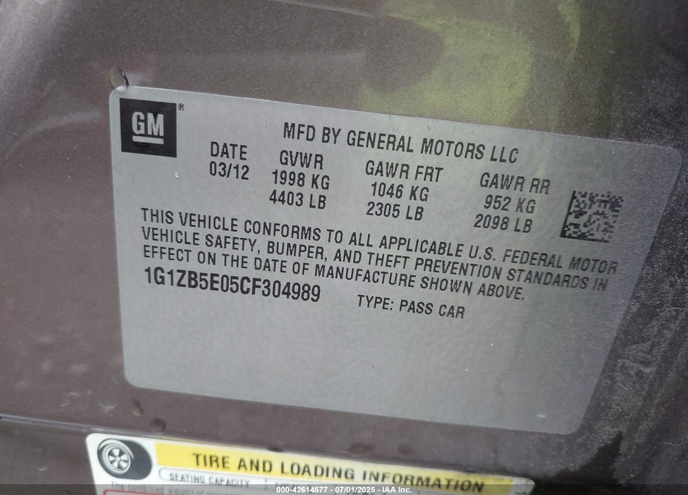 2012 CHEVROLET MALIBU LS VIN: 1G1ZB5E05CF304989