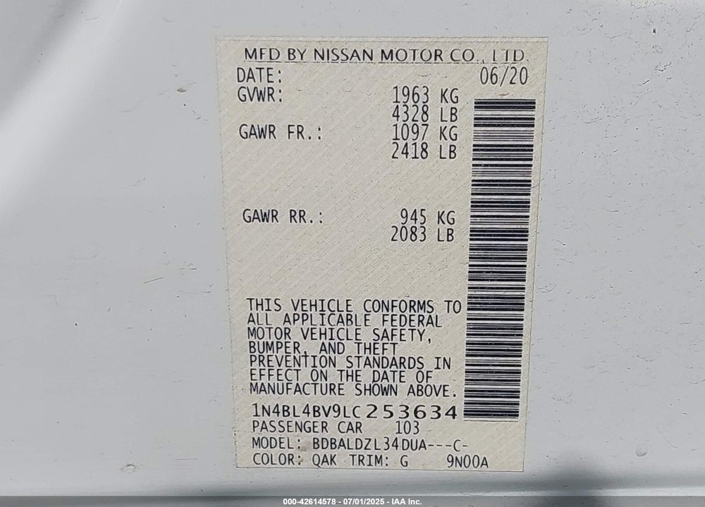 2020 NISSAN ALTIMA VIN: 1N4BL4BV9LC253634