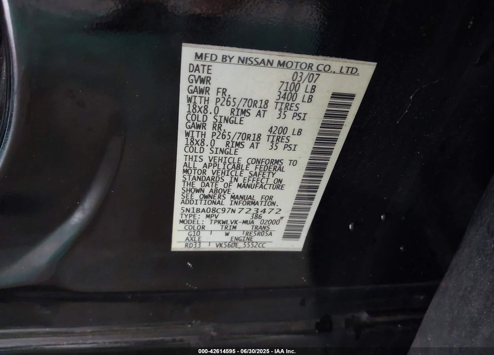 2007 NISSAN ARMADA LE VIN: 5N1BA08C97N723472