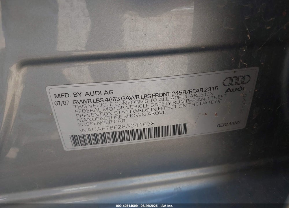 2008 AUDI A4 VIN: WAUAF78E28A041678