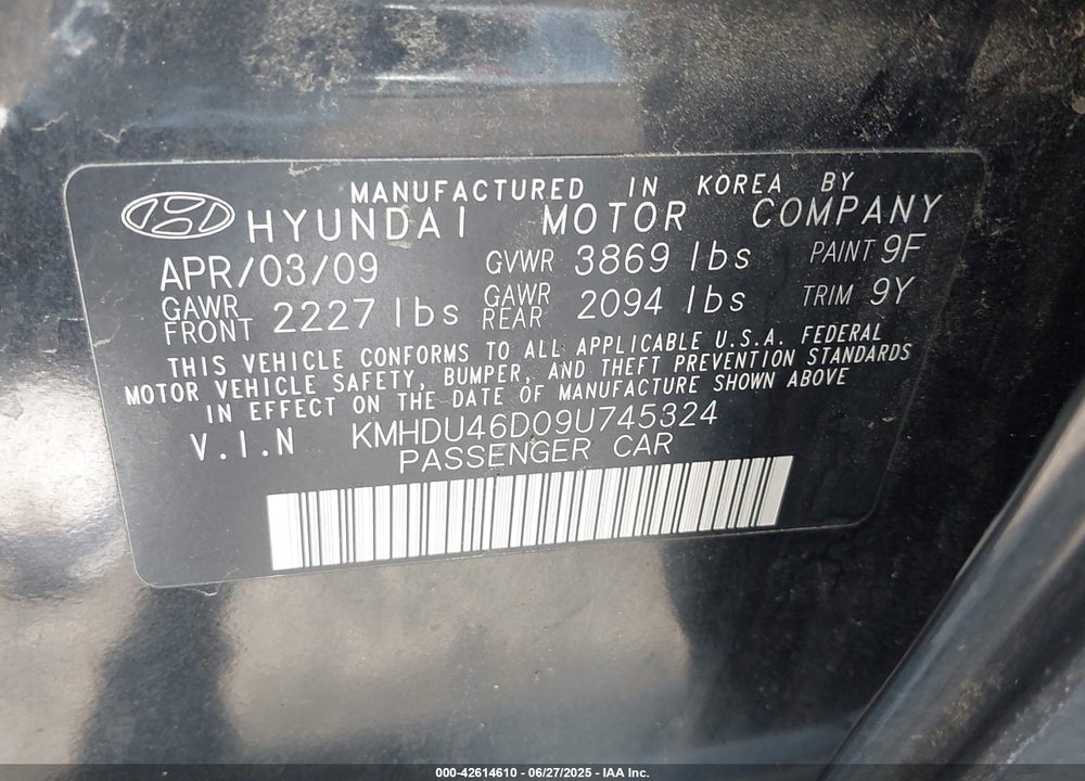 2009 HYUNDAI ELANTRA VIN: KMHDU46D09U745324