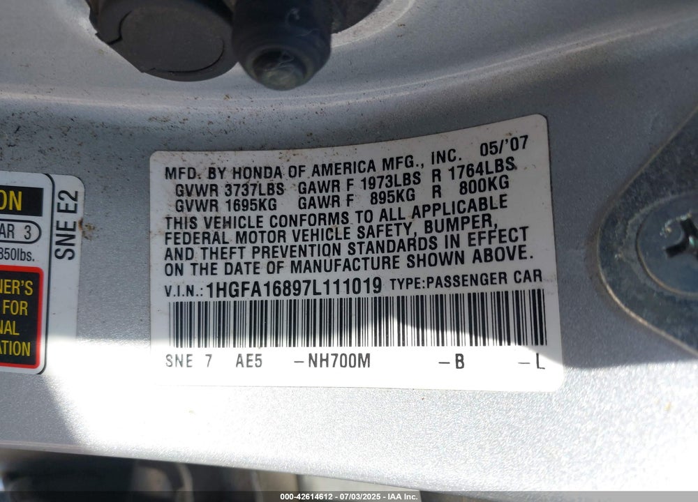 2007 HONDA CIVIC VIN: 1HGFA16897L111019