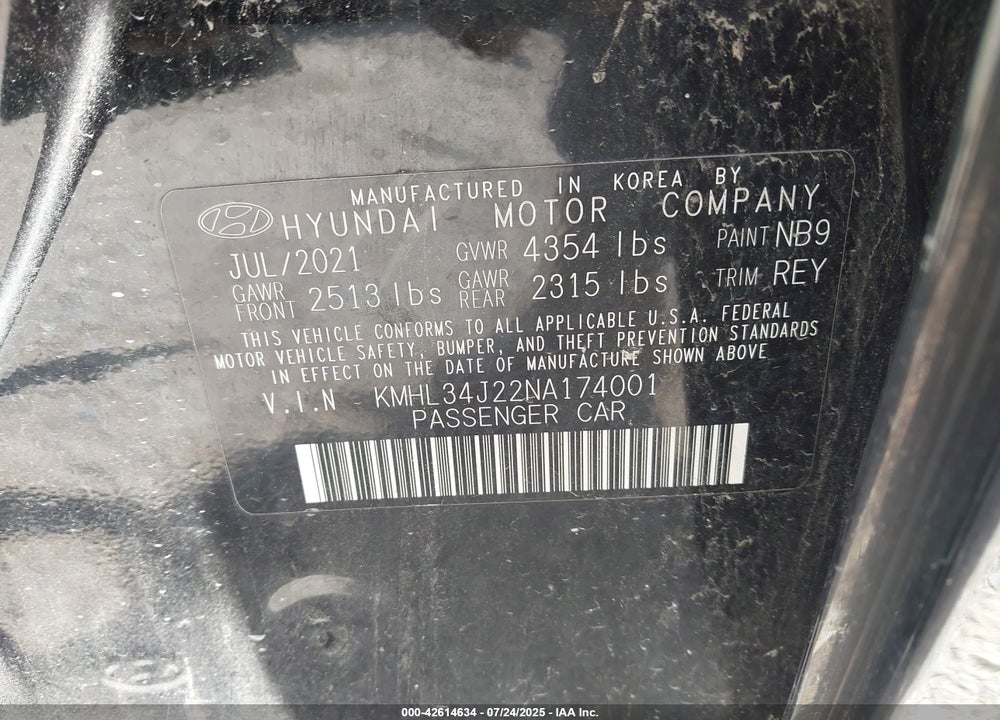 2022 HYUNDAI SONATA LIMITED VIN: KMHL34J22NA174001