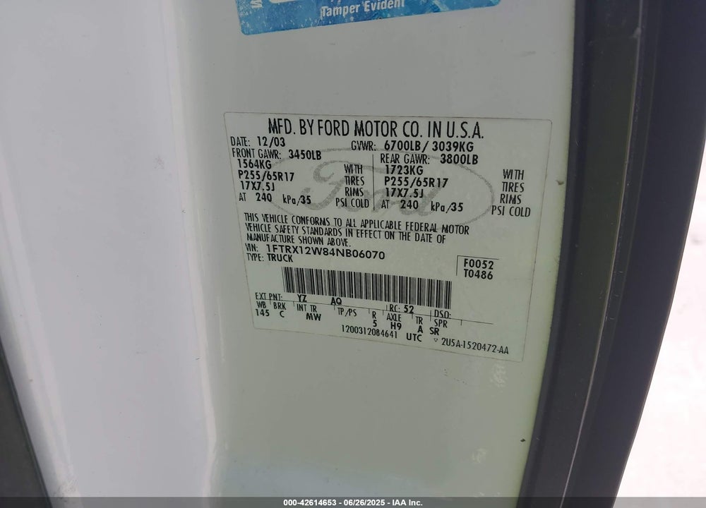 2004 FORD F-150 STX/XL/XLT VIN: 1FTRX12W84NB06070