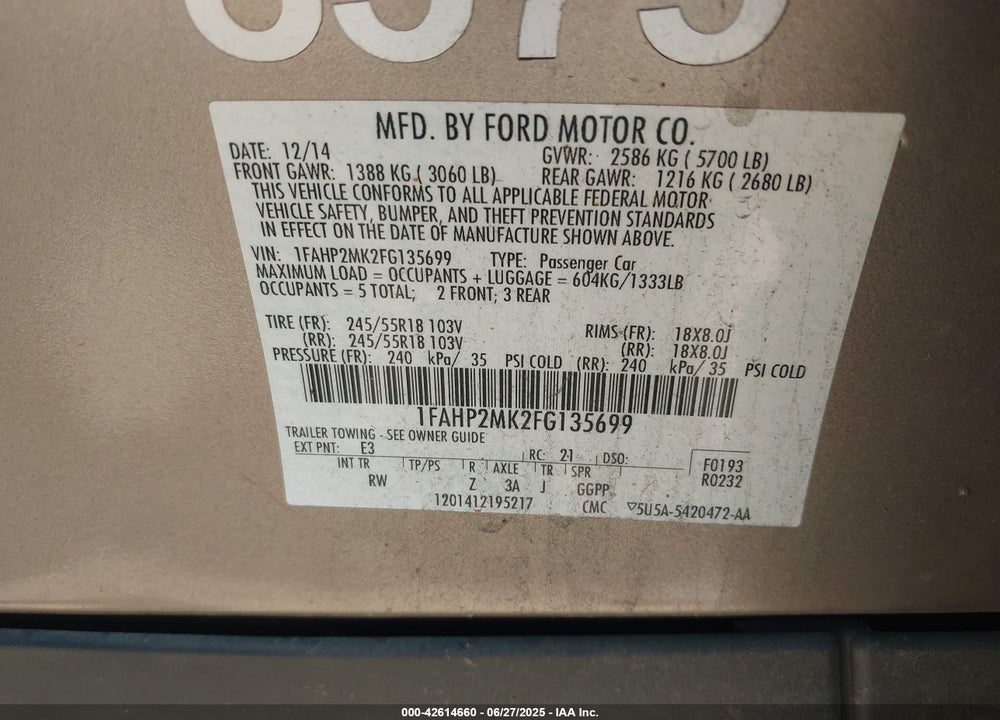2015 FORD POLICE INTERCEPTOR VIN: 1FAHP2MK2FG135699