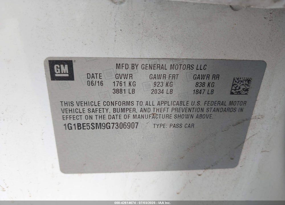 2016 CHEVROLET CRUZE VIN: 1G1BE5SM9G7306907