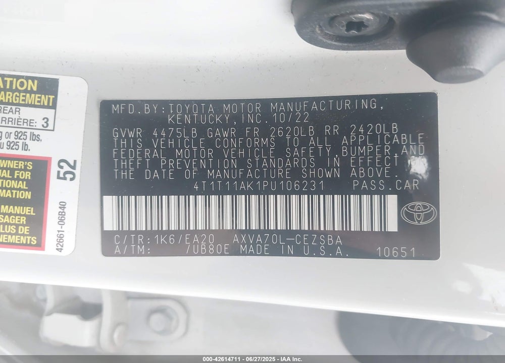 2023 TOYOTA CAMRY SE VIN: 4T1T11AK1PU106231