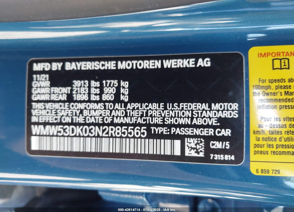 2022 MINI COOPER VIN: WMW53DK03N2R85565