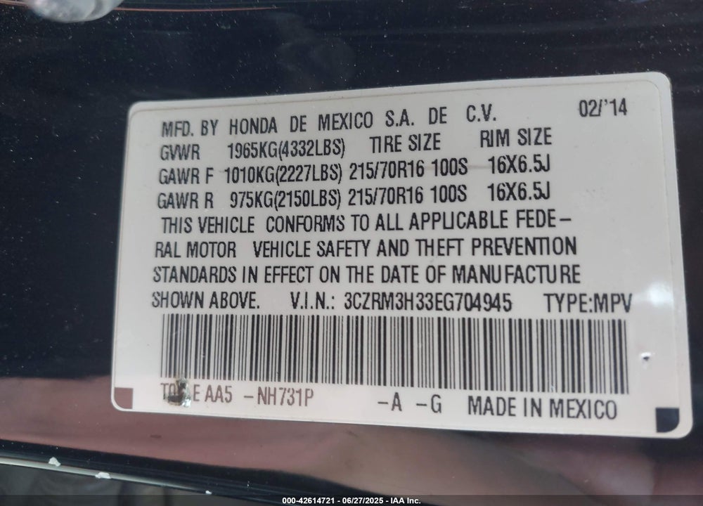 2014 HONDA CR-V VIN: 3CZRM3H33EG704945