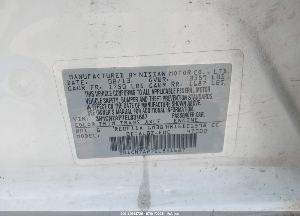 2014 NISSAN VERSA VIN: 3N1CN7AP7EL831687