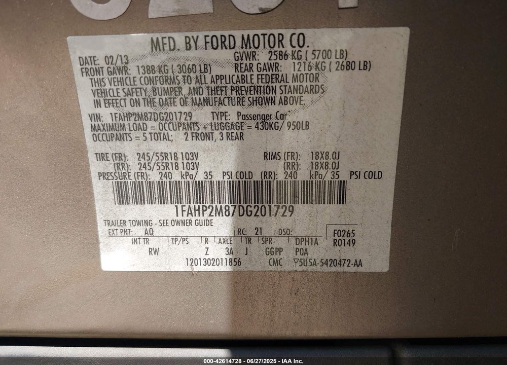 2013 FORD POLICE INTERCEPTOR VIN: 1FAHP2M87DG201729