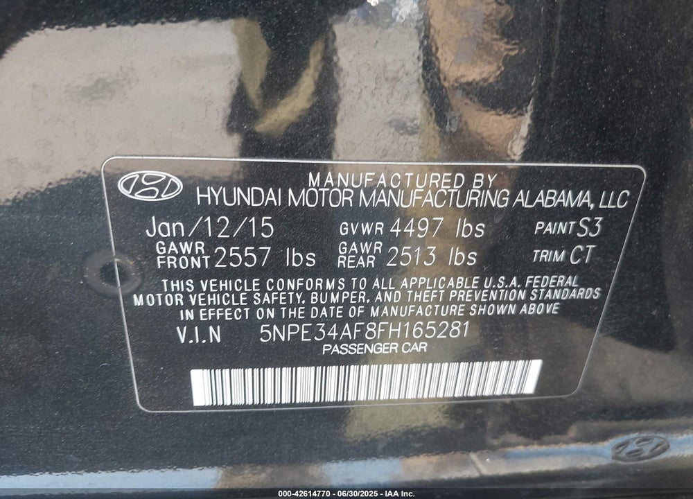 2015 HYUNDAI SONATA VIN: 5NPE34AF8FH165281