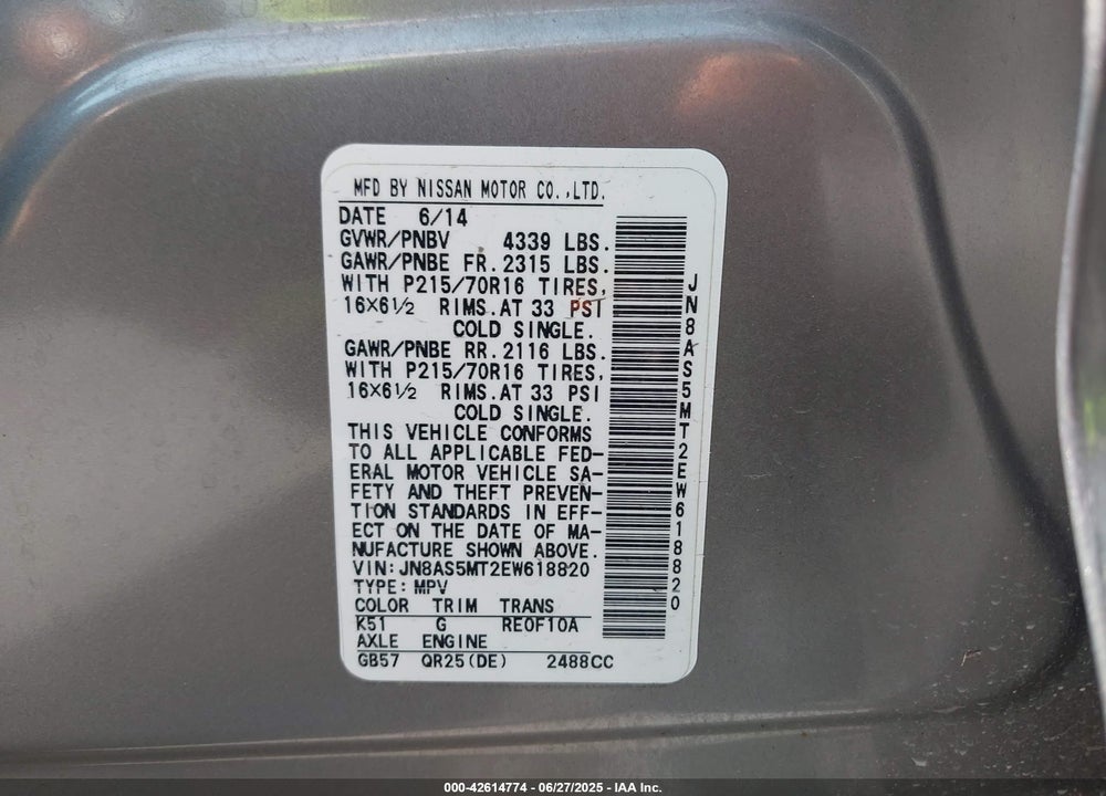 2014 NISSAN ROGUE VIN: JN8AS5MT2EW618820