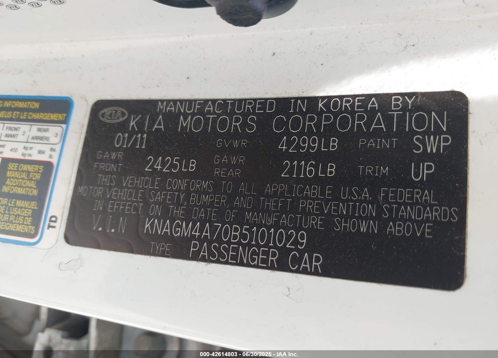 2011 KIA OPTIMA LX VIN: KNAGM4A70B5101029