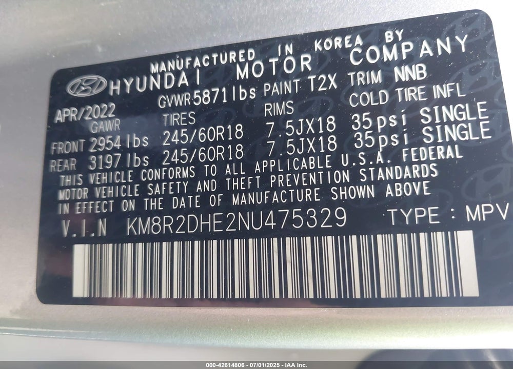 2022 HYUNDAI PALISADE VIN: KM8R2DHE2NU475329
