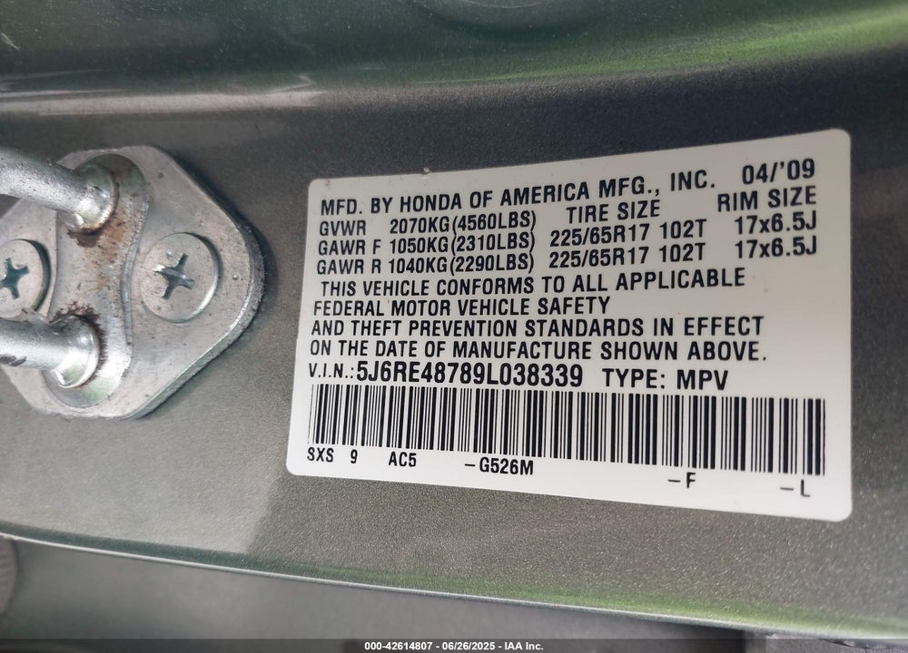 2009 HONDA CR-V VIN: 5J6RE48789L038339