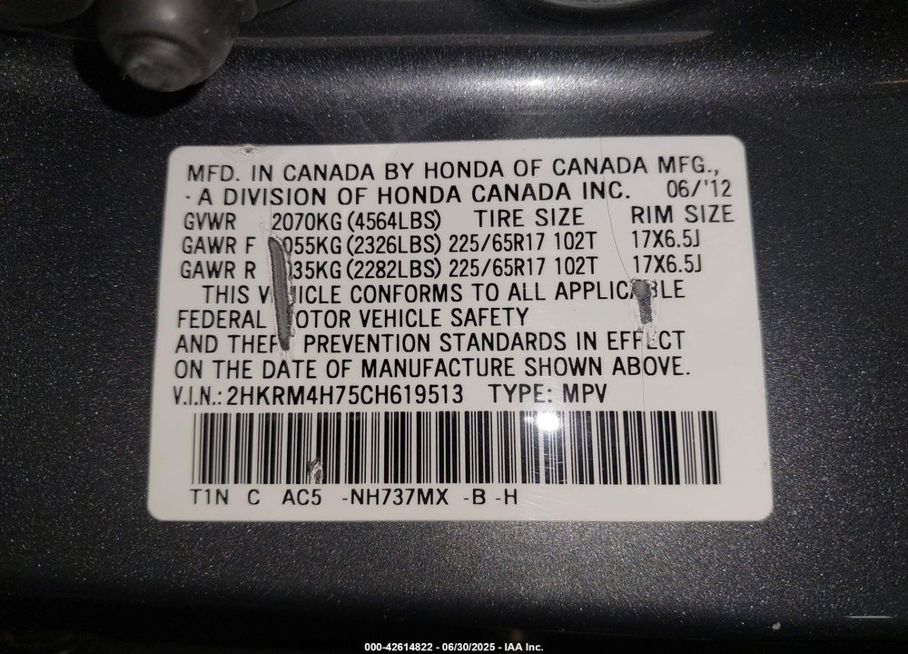 2012 HONDA CR-V VIN: 2HKRM4H75CH619513
