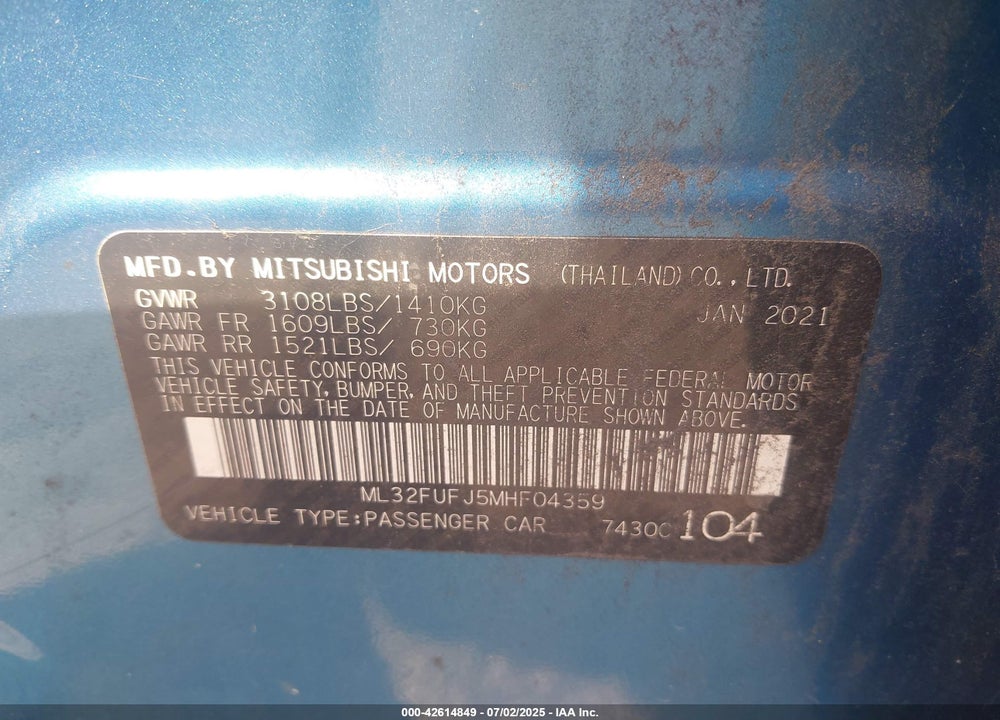 2021 MITSUBISHI MIRAGE VIN: ML32FUFJ5MHF04359