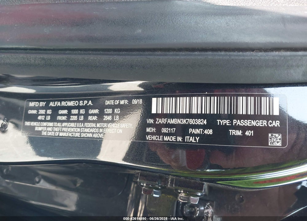 2019 ALFA ROMEO GIULIA VIN: ZARFAMBN3K7603824