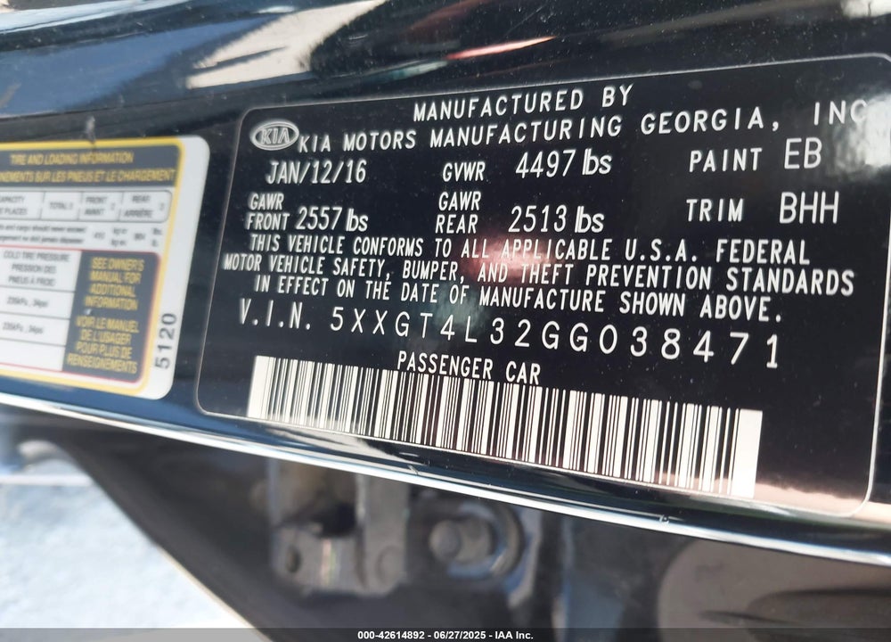2016 KIA OPTIMA LX VIN: 5XXGT4L32GG038471