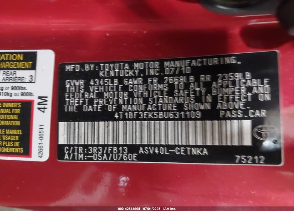 2011 TOYOTA CAMRY VIN: 4T1BF3EK5BU631109