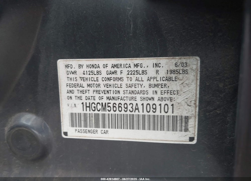 2003 HONDA ACCORD VIN: 1HGCM56693A109101