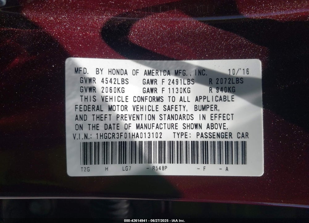 2017 HONDA ACCORD VIN: 1HGCR3F01HA013102