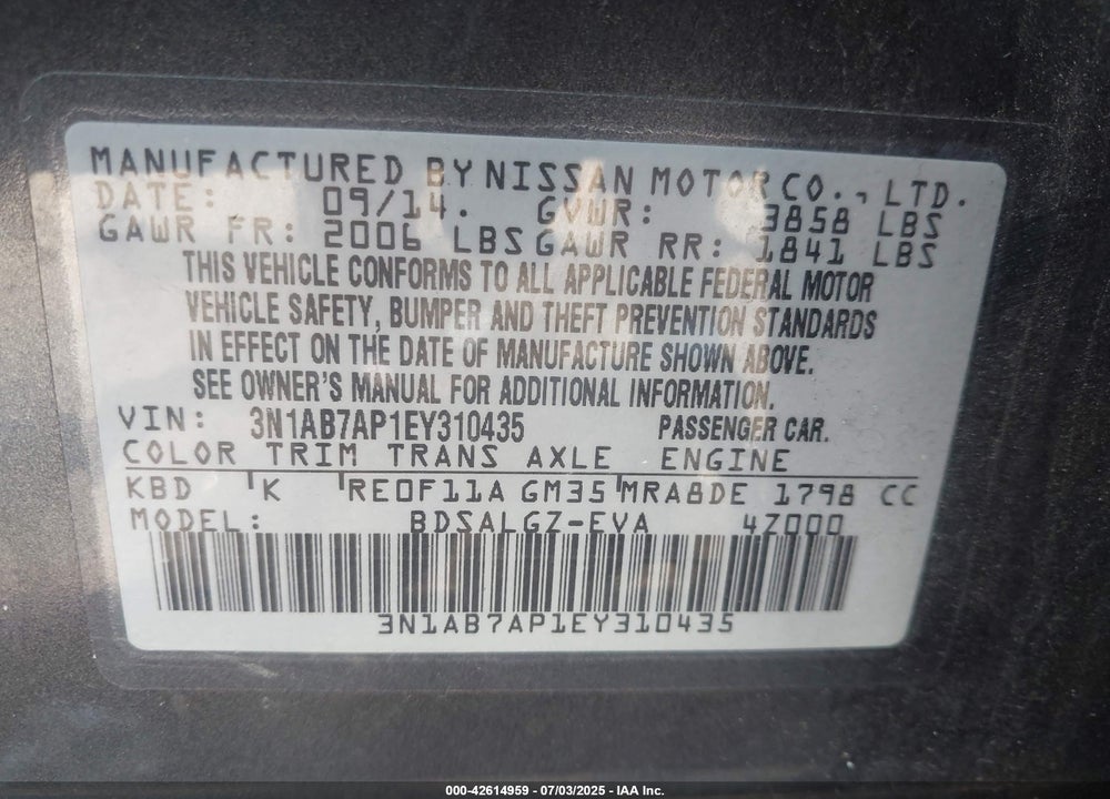 2014 NISSAN SENTRA VIN: 3N1AB7AP1EY310435