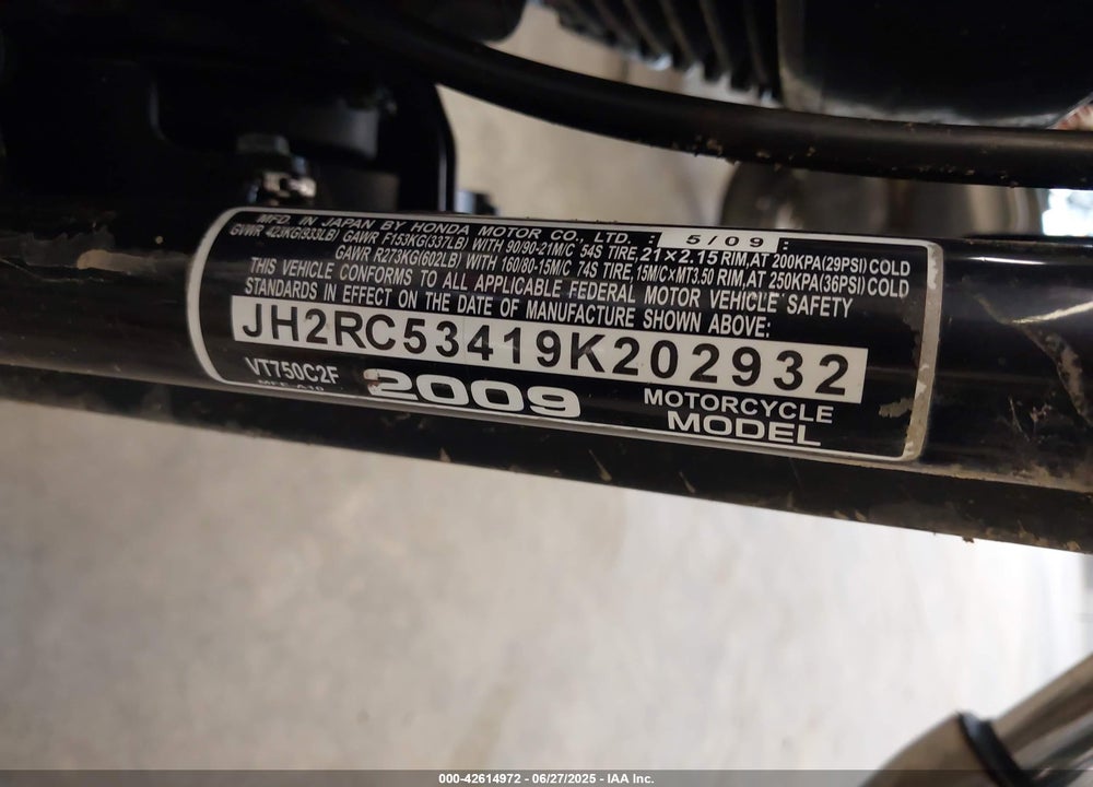 2009 HONDA VT750 C2F VIN: JH2RC53419K202932