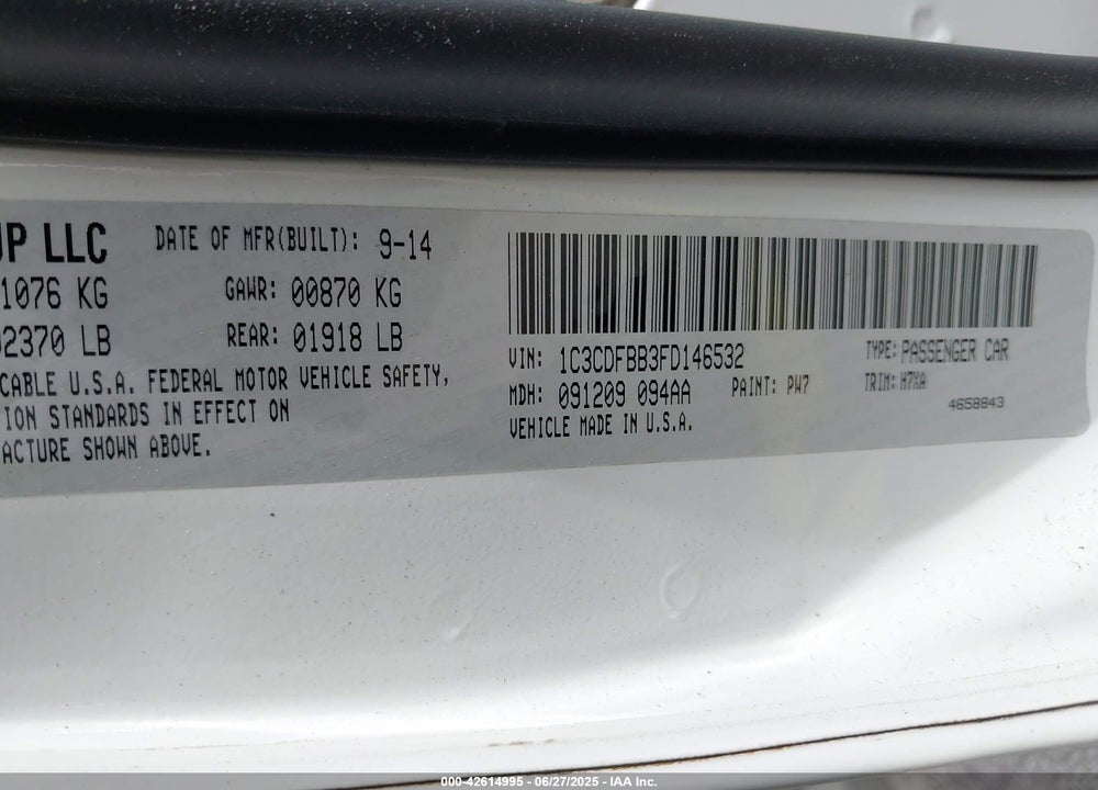 2015 DODGE DART VIN: 1C3CDFBB3FD146532