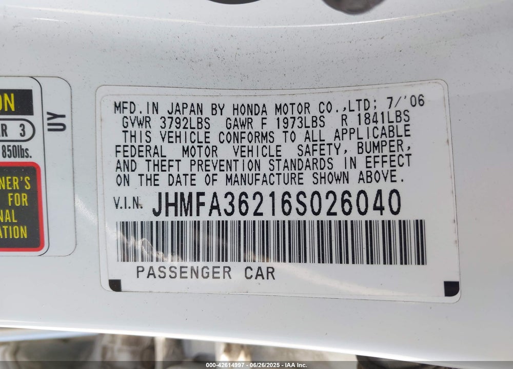 2006 HONDA CIVIC HYBRID VIN: JHMFA36216S026040
