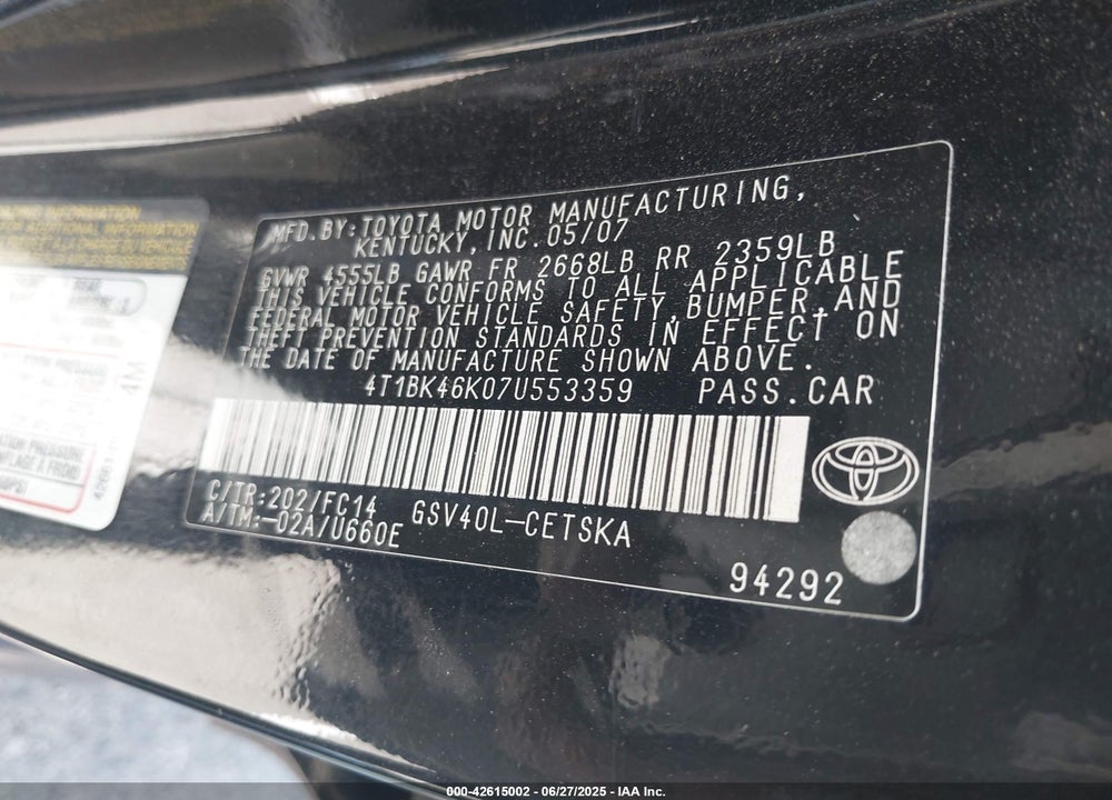 2007 TOYOTA CAMRY VIN: 4T1BK46K07U553359