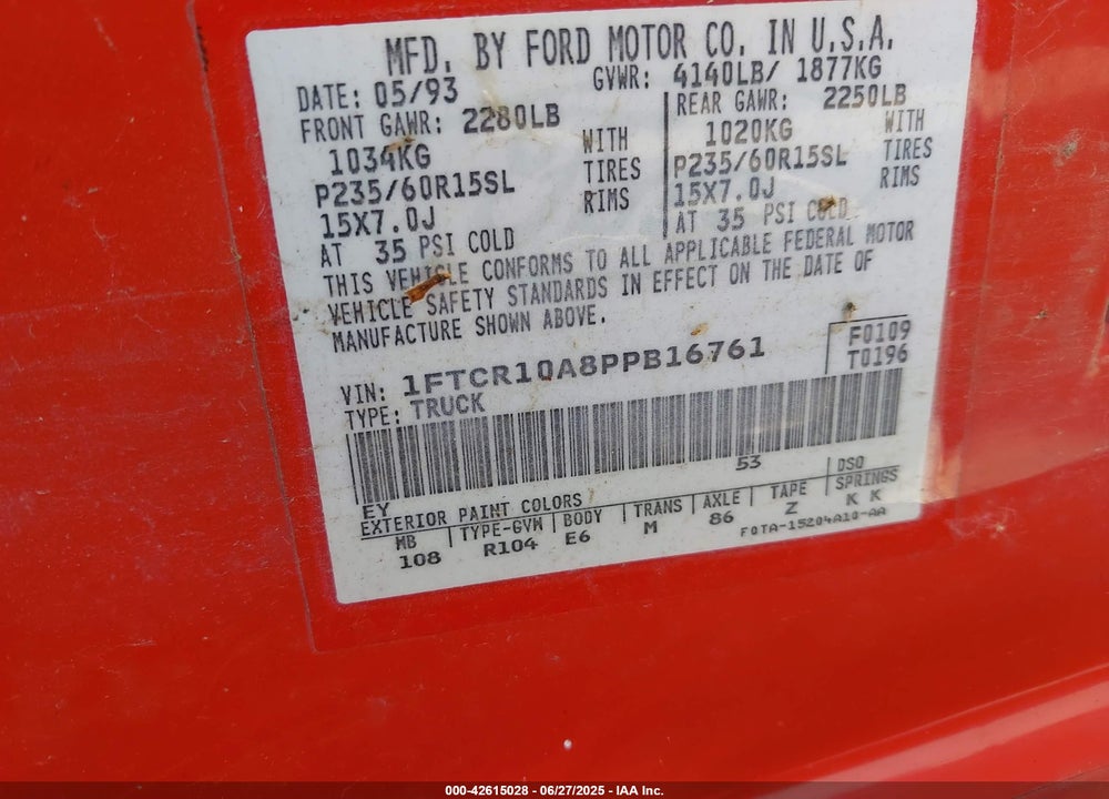 1993 FORD RANGER VIN: 1FTCR10A8PPB16761