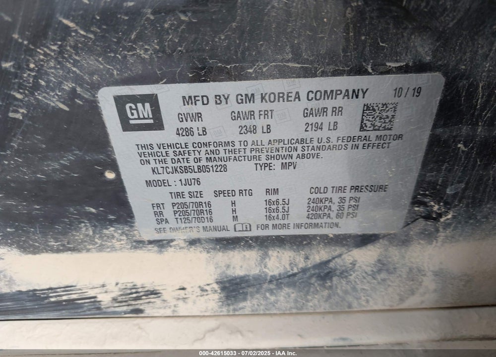2020 CHEVROLET TRAX VIN: KL7CJKSB5LB051228